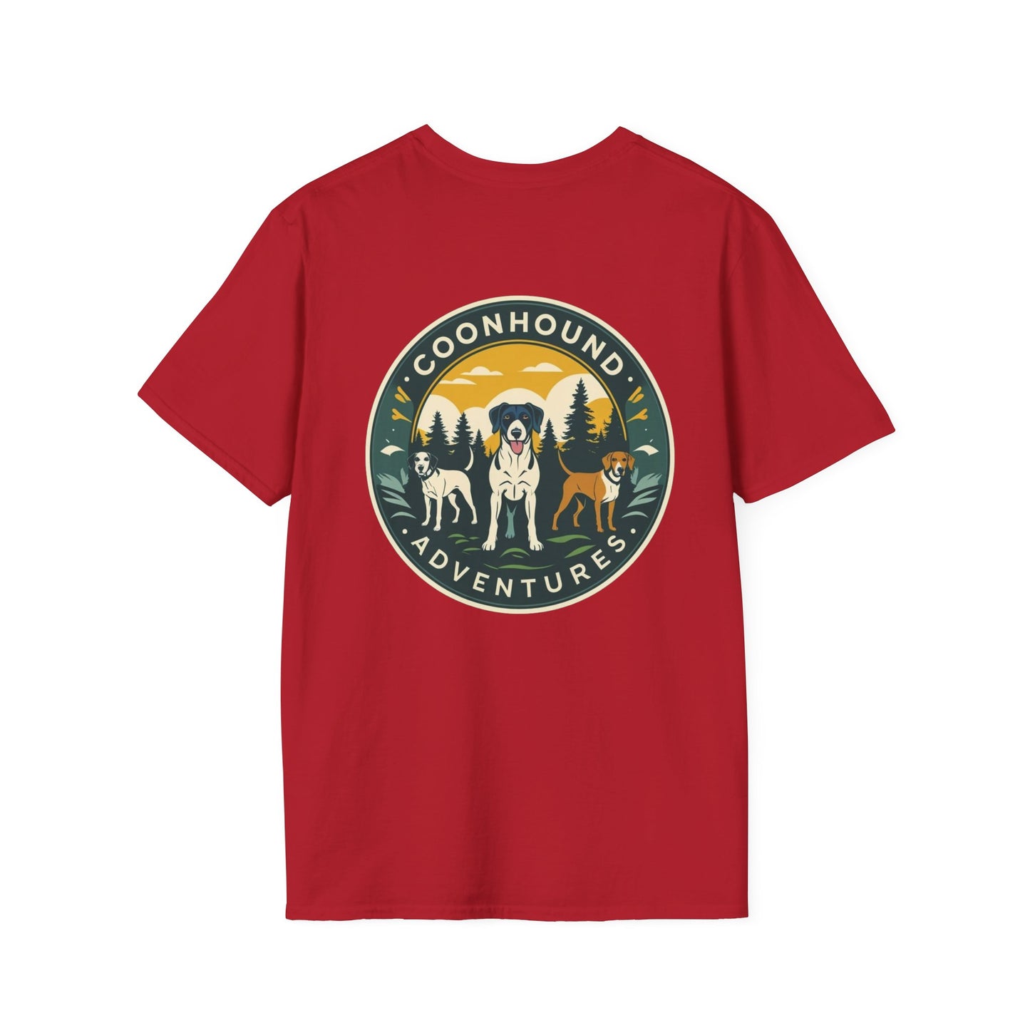 Coonhound Adventures T-Shirt, Fun Dog Lover Tee, Unisex Softstyle Shirt, Perfect Gift for Pet Owners, Outdoor Adventure Apparel