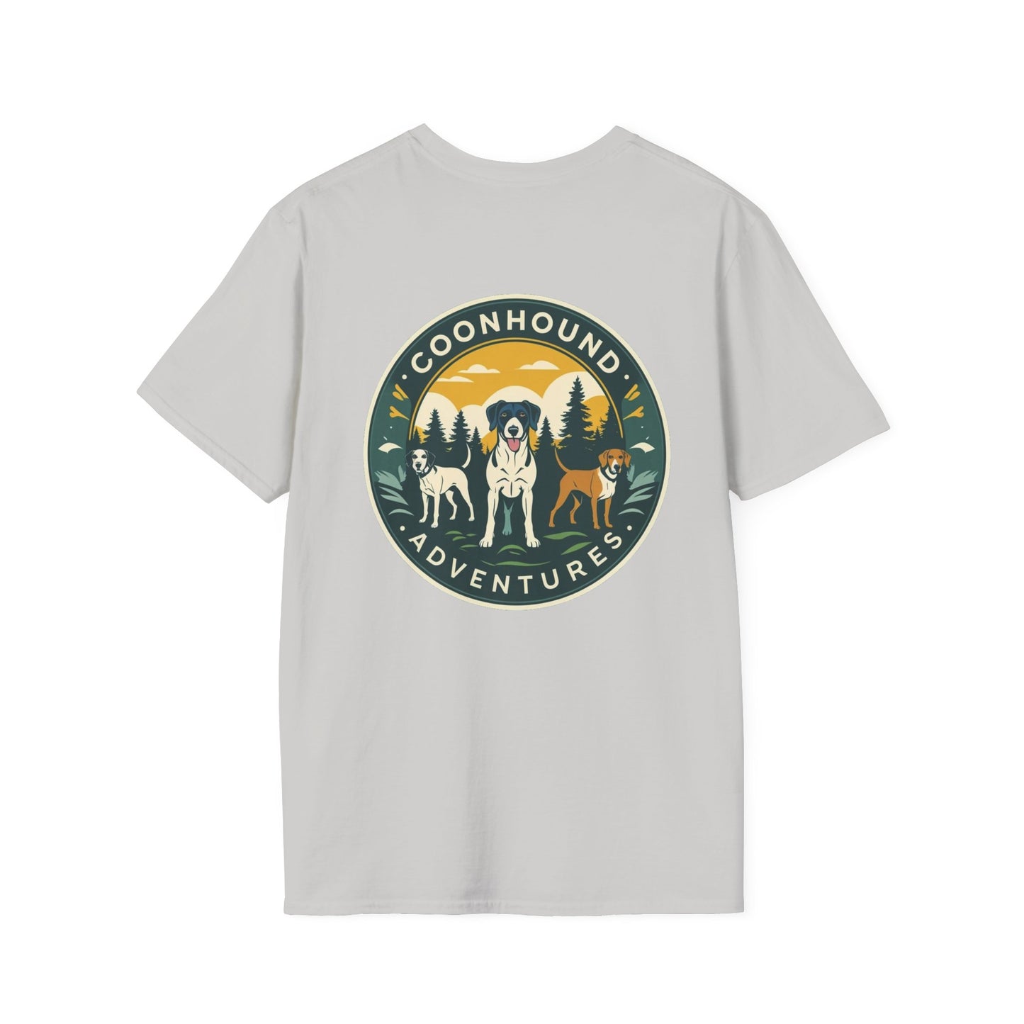 Coonhound Adventures T-Shirt, Fun Dog Lover Tee, Unisex Softstyle Shirt, Perfect Gift for Pet Owners, Outdoor Adventure Apparel