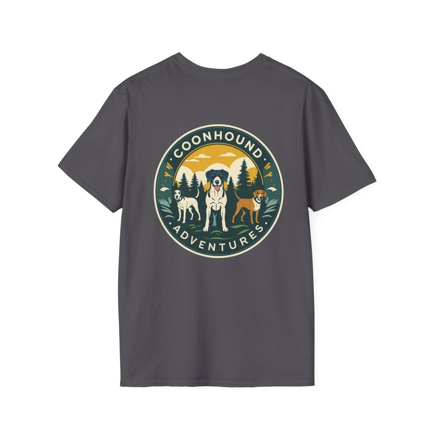 Coonhound Adventures T-Shirt, Fun Dog Lover Tee, Unisex Softstyle Shirt, Perfect Gift for Pet Owners, Outdoor Adventure Apparel