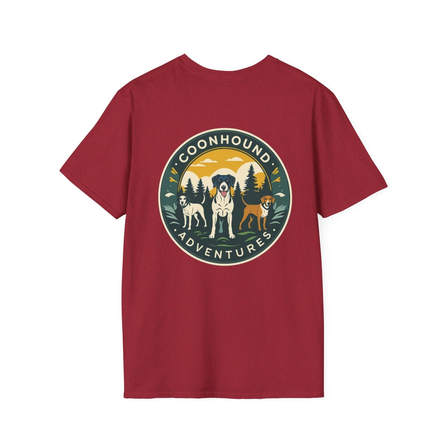 Coonhound Adventures T-Shirt, Fun Dog Lover Tee, Unisex Softstyle Shirt, Perfect Gift for Pet Owners, Outdoor Adventure Apparel