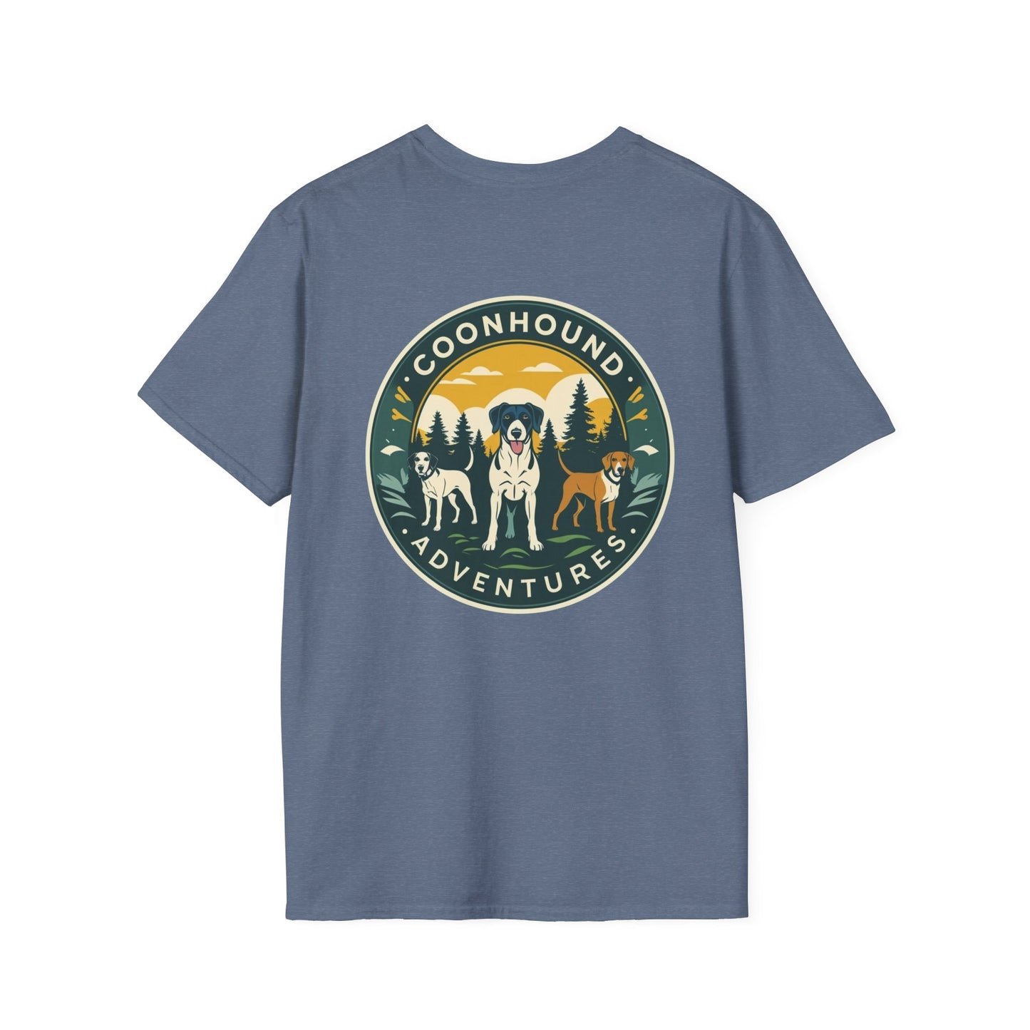 Coonhound Adventures T-Shirt, Fun Dog Lover Tee, Unisex Softstyle Shirt, Perfect Gift for Pet Owners, Outdoor Adventure Apparel