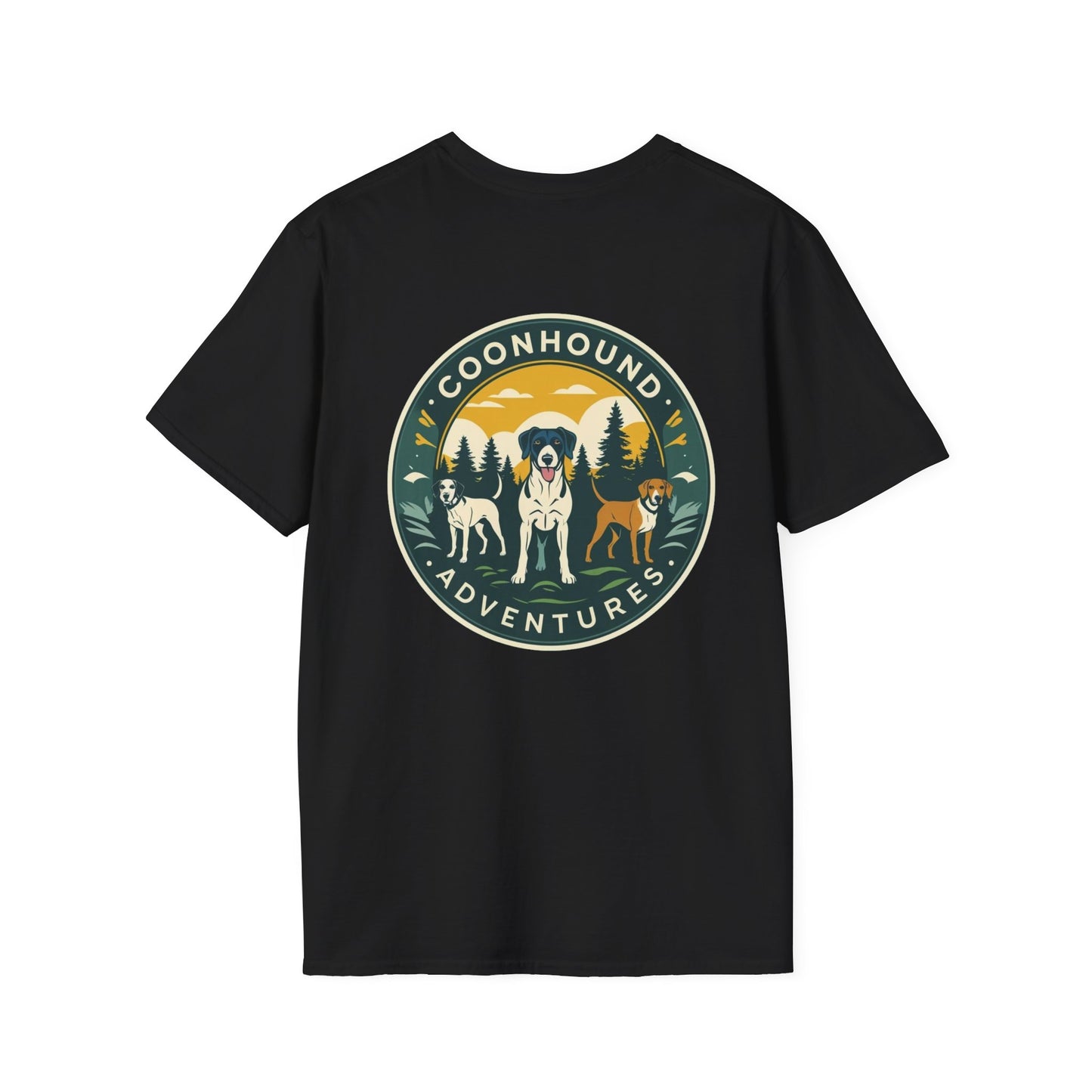 Coonhound Adventures T-Shirt, Fun Dog Lover Tee, Unisex Softstyle Shirt, Perfect Gift for Pet Owners, Outdoor Adventure Apparel