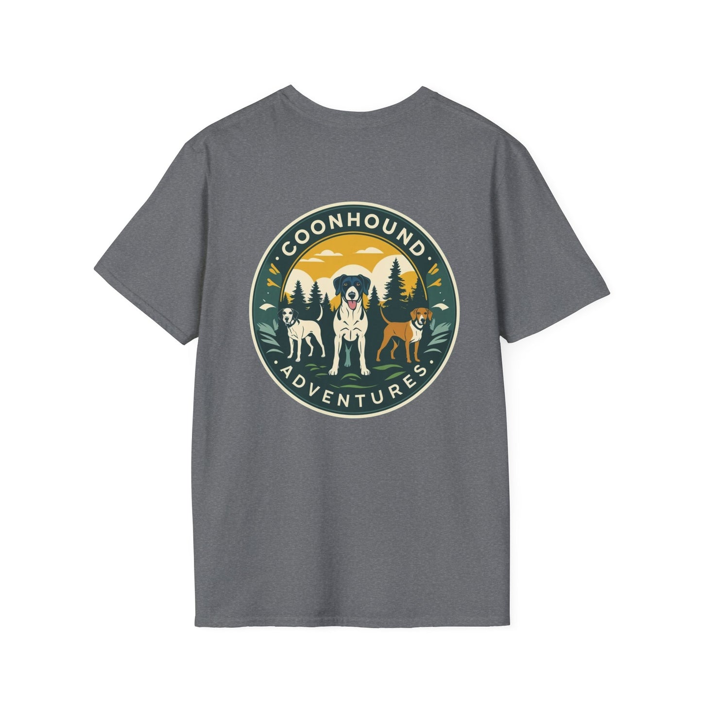 Coonhound Adventures T-Shirt, Fun Dog Lover Tee, Unisex Softstyle Shirt, Perfect Gift for Pet Owners, Outdoor Adventure Apparel