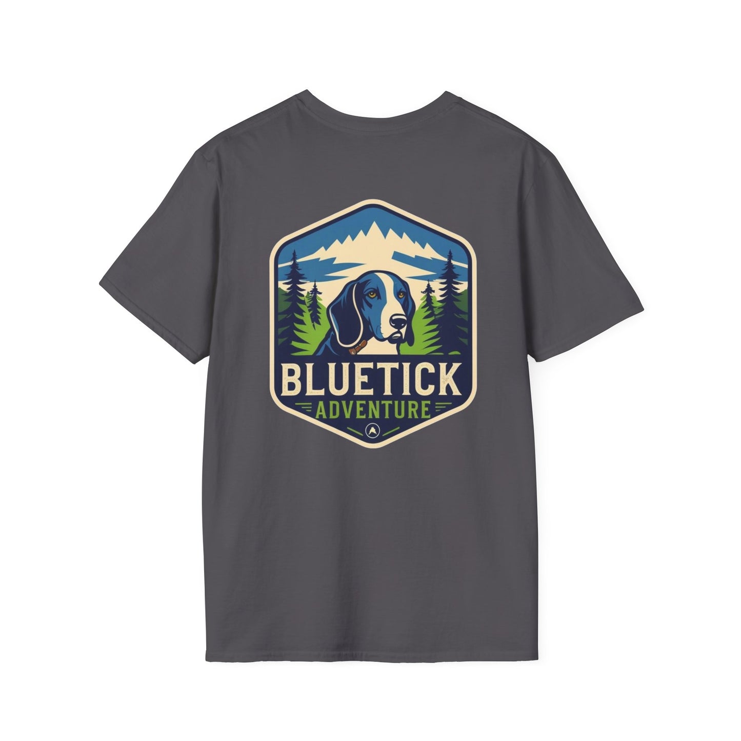 Bluetick Adventure Unisex Softstyle T-Shirt, Casual Tee, Dog Lover Gift, Outdoor T-Shirt, Nature Theme Apparel, Adventure Clothing