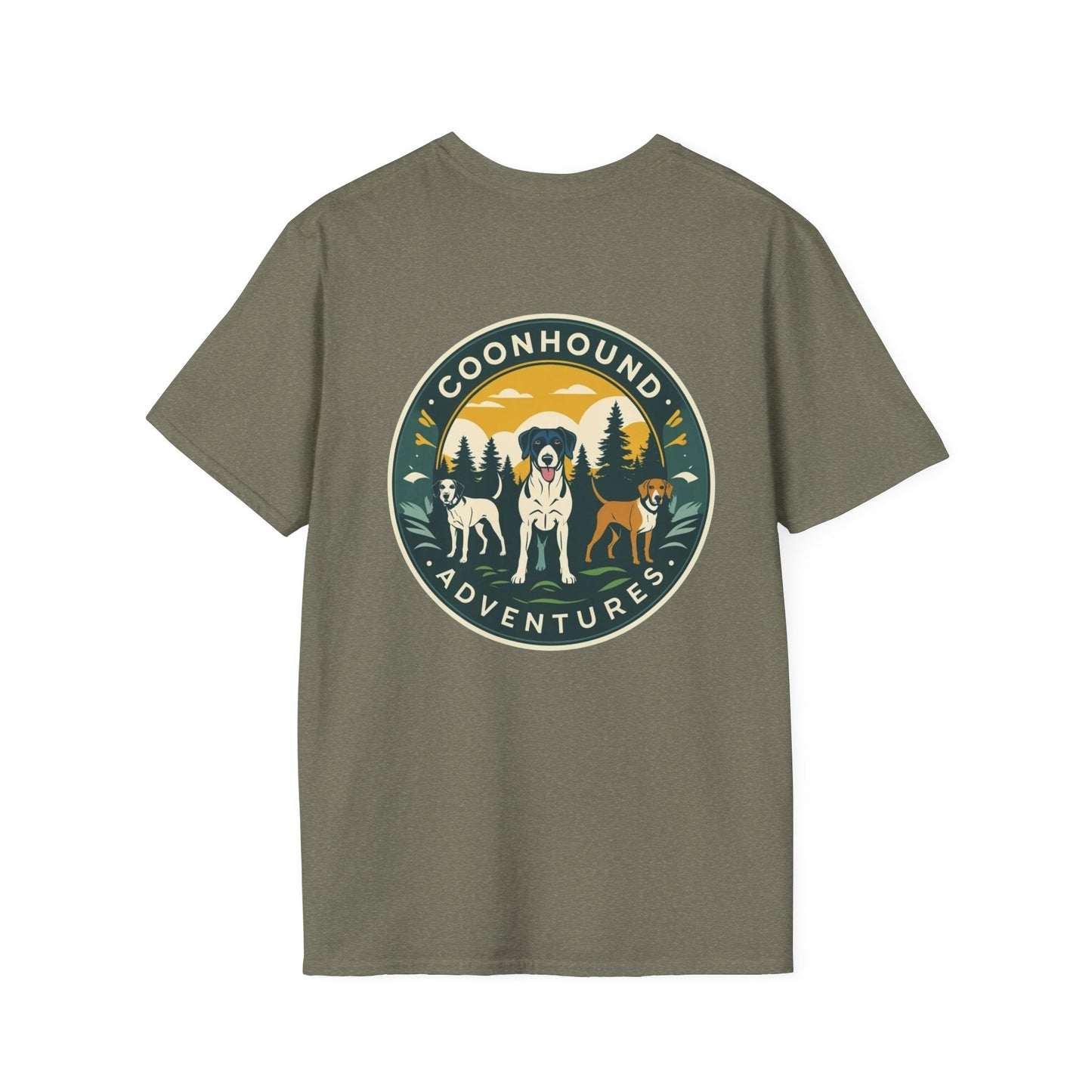 Coonhound Adventures T-Shirt, Fun Dog Lover Tee, Unisex Softstyle Shirt, Perfect Gift for Pet Owners, Outdoor Adventure Apparel