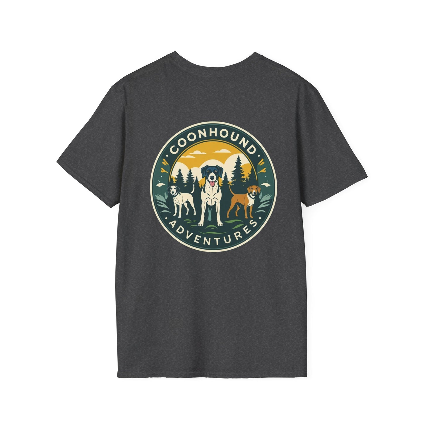 Coonhound Adventures T-Shirt, Fun Dog Lover Tee, Unisex Softstyle Shirt, Perfect Gift for Pet Owners, Outdoor Adventure Apparel
