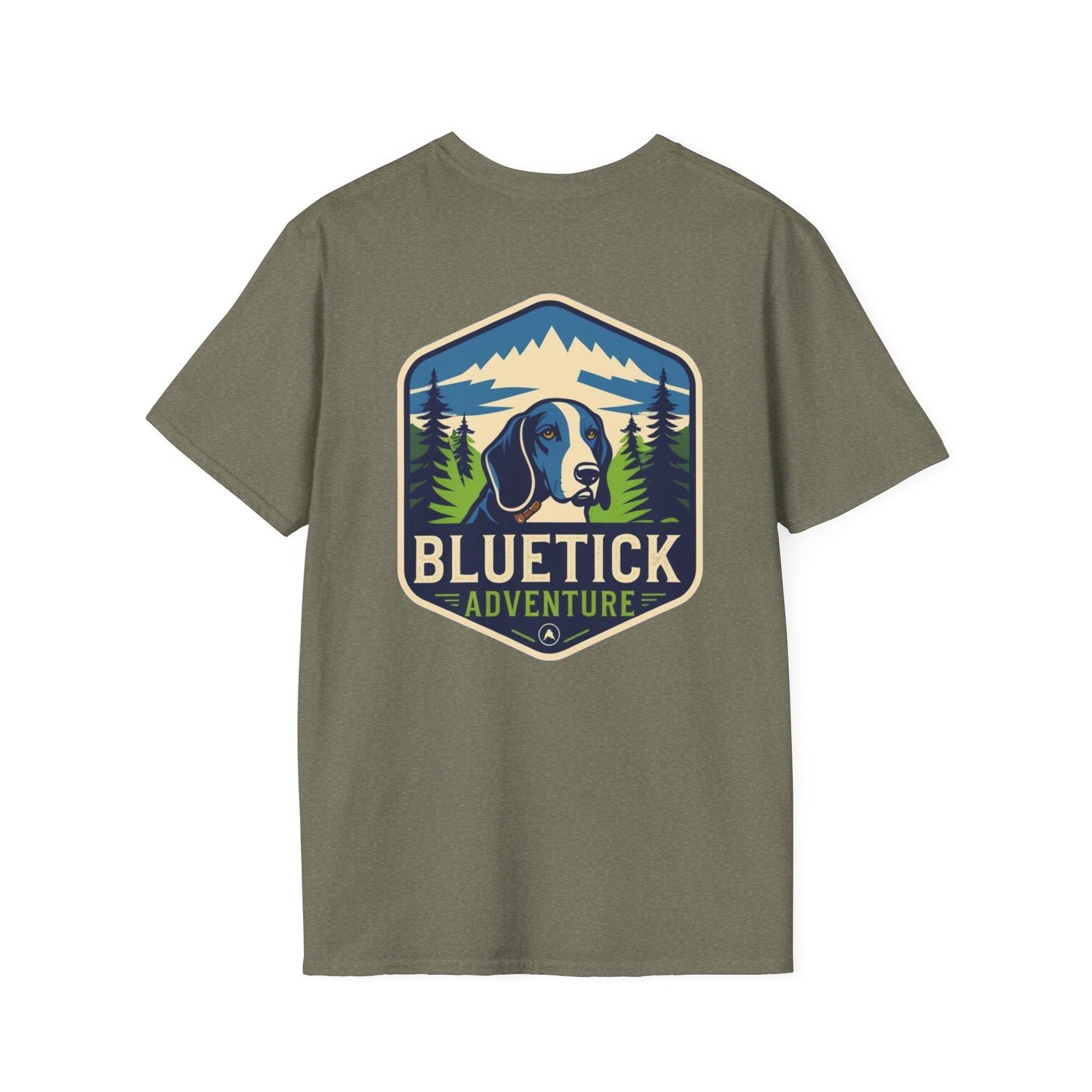 Bluetick Adventure Unisex Softstyle T-Shirt, Casual Tee, Dog Lover Gift, Outdoor T-Shirt, Nature Theme Apparel, Adventure Clothing