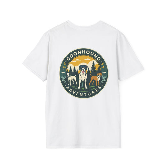 Coonhound Adventures T-Shirt, Fun Dog Lover Tee, Unisex Softstyle Shirt, Perfect Gift for Pet Owners, Outdoor Adventure Apparel
