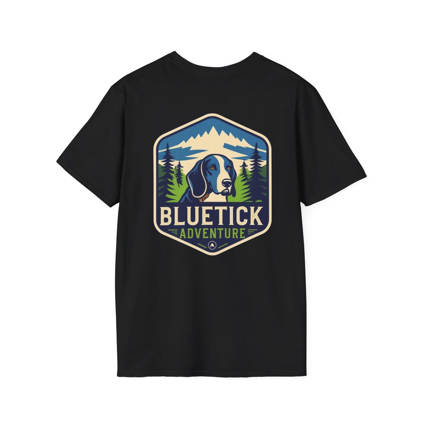 Bluetick Adventure Unisex Softstyle T-Shirt, Casual Tee, Dog Lover Gift, Outdoor T-Shirt, Nature Theme Apparel, Adventure Clothing