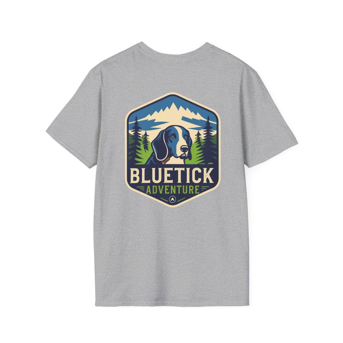 Bluetick Adventure Unisex Softstyle T-Shirt, Casual Tee, Dog Lover Gift, Outdoor T-Shirt, Nature Theme Apparel, Adventure Clothing