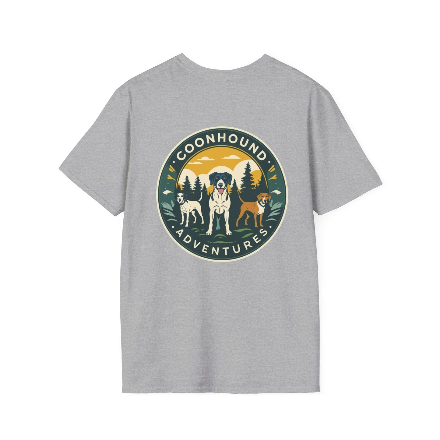 Coonhound Adventures T-Shirt, Fun Dog Lover Tee, Unisex Softstyle Shirt, Perfect Gift for Pet Owners, Outdoor Adventure Apparel