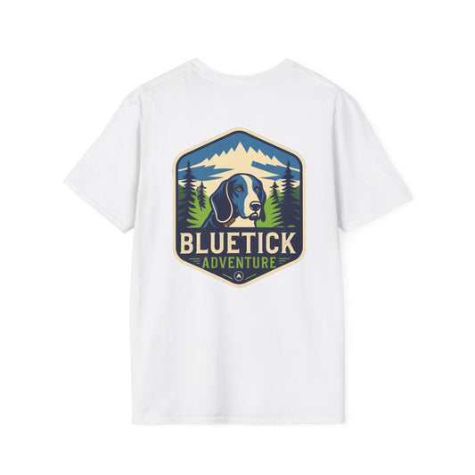 Bluetick Adventure Unisex Softstyle T-Shirt, Casual Tee, Dog Lover Gift, Outdoor T-Shirt, Nature Theme Apparel, Adventure Clothing