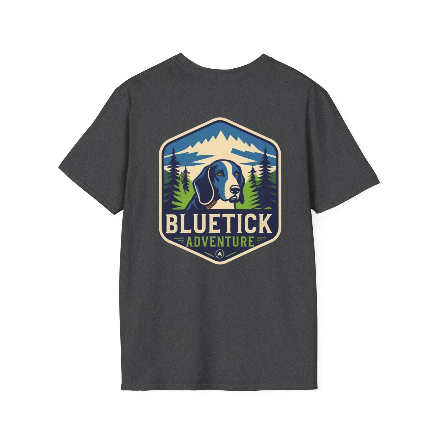 Bluetick Adventure Unisex Softstyle T-Shirt, Casual Tee, Dog Lover Gift, Outdoor T-Shirt, Nature Theme Apparel, Adventure Clothing